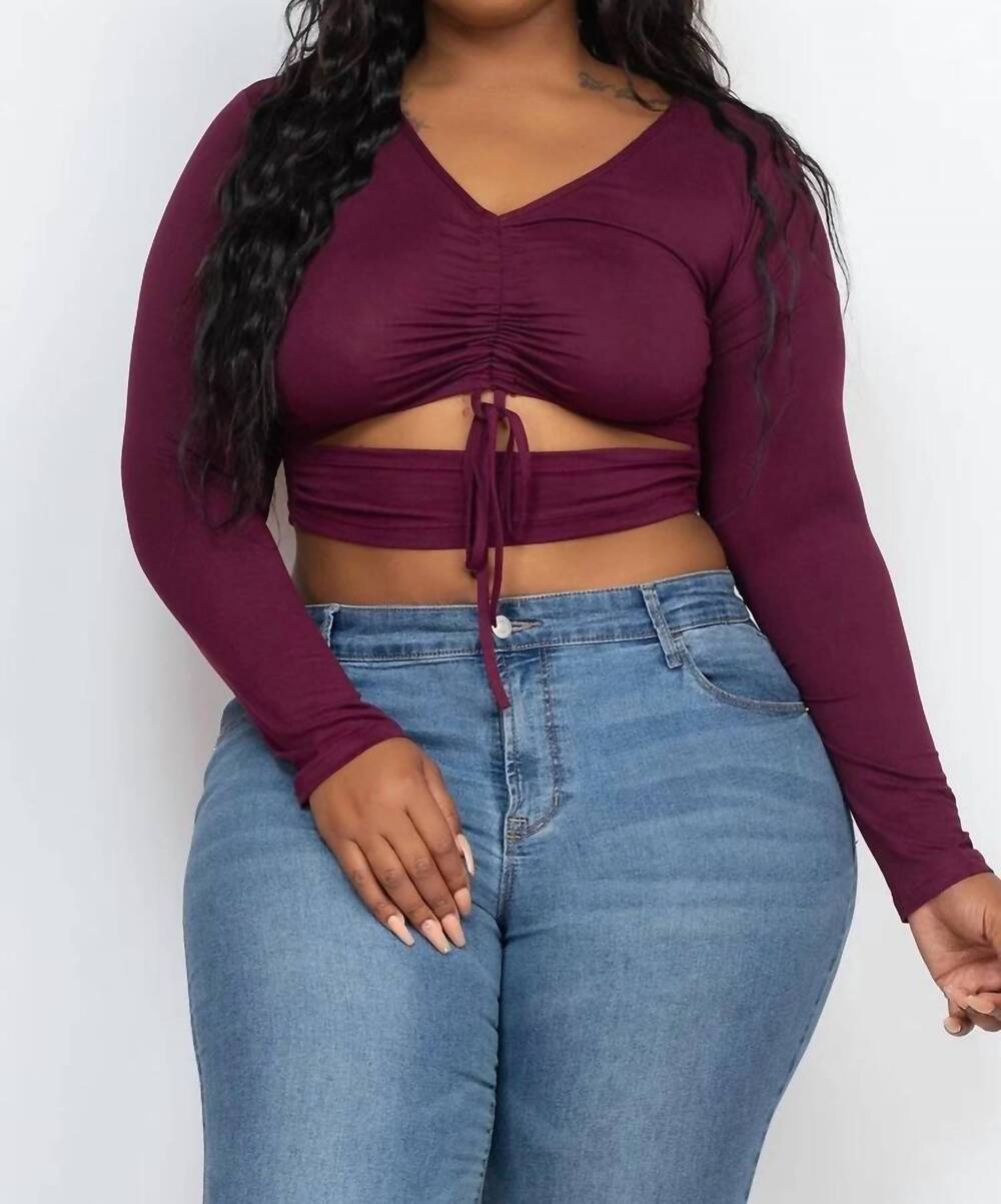 NEW CC WHOLESALE drawstring ruched cutout crop top - plus in burgundy